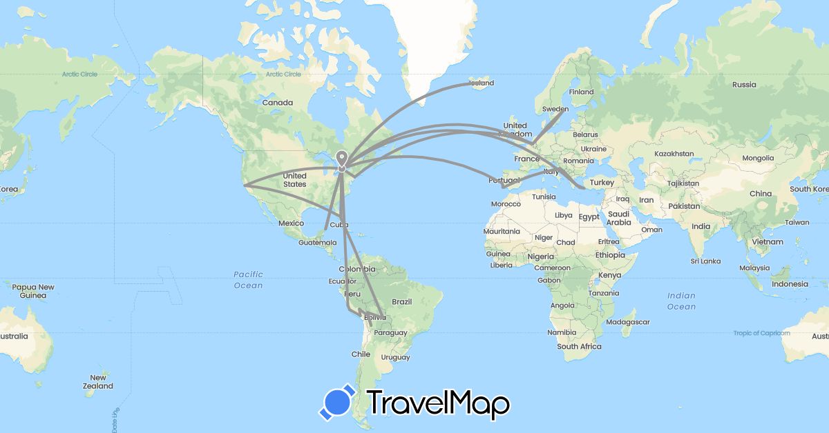 TravelMap itinerary: driving, plane in Belgium, Bolivia, Canada, Denmark, Greece, Croatia, Iceland, Mexico, Peru, Portugal, Sweden, United States (Europe, North America, South America)